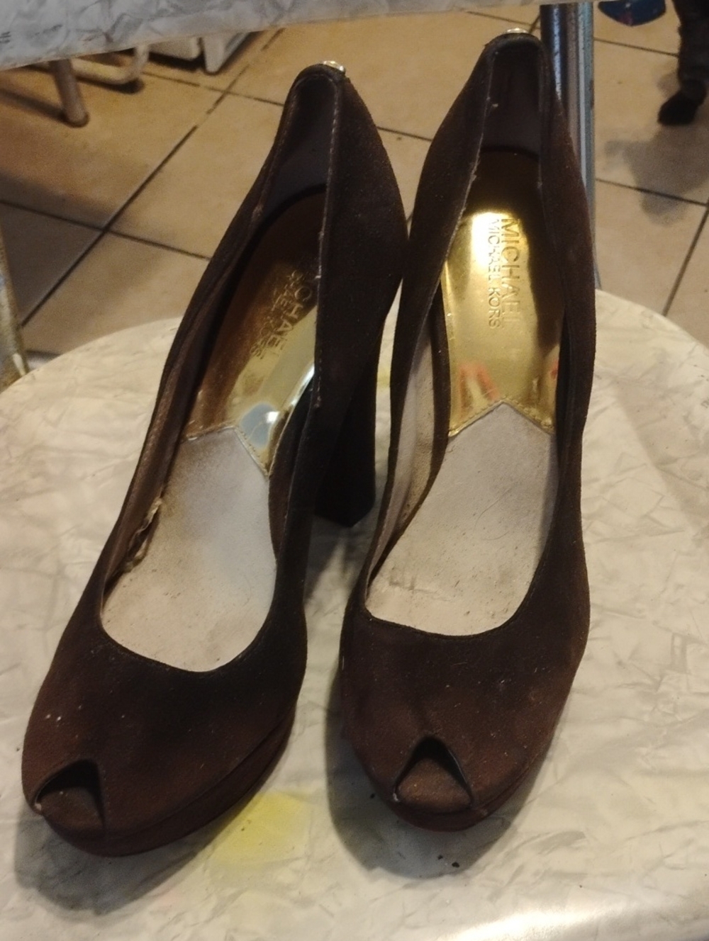 Michael Kors Dark Brown Suede Peep-Toe High Heels